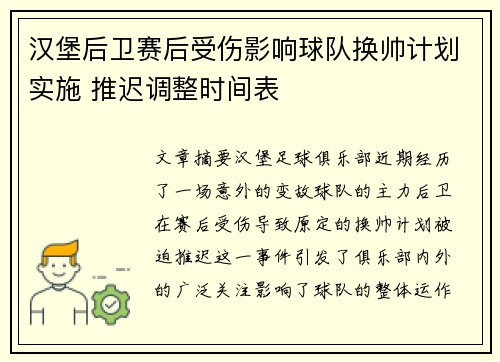 汉堡后卫赛后受伤影响球队换帅计划实施 推迟调整时间表