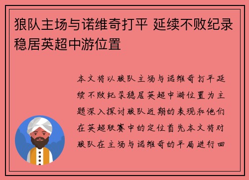狼队主场与诺维奇打平 延续不败纪录稳居英超中游位置