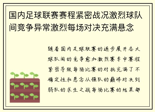 国内足球联赛赛程紧密战况激烈球队间竞争异常激烈每场对决充满悬念