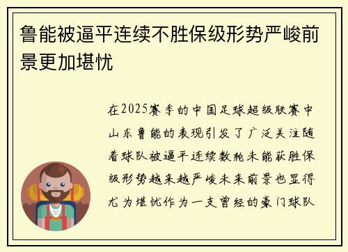 鲁能被逼平连续不胜保级形势严峻前景更加堪忧