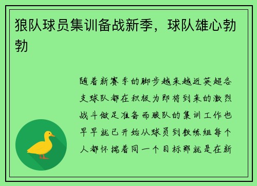 狼队球员集训备战新季，球队雄心勃勃