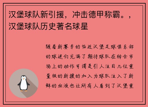 汉堡球队新引援，冲击德甲称霸。，汉堡球队历史著名球星