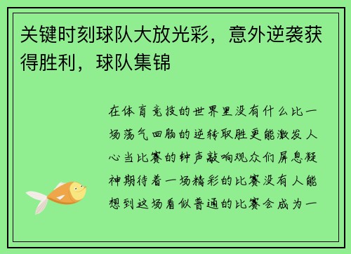 关键时刻球队大放光彩，意外逆袭获得胜利，球队集锦