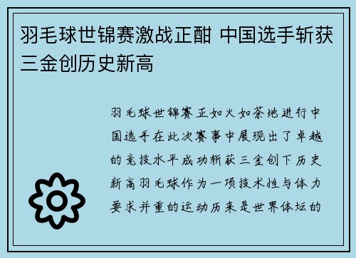羽毛球世锦赛激战正酣 中国选手斩获三金创历史新高
