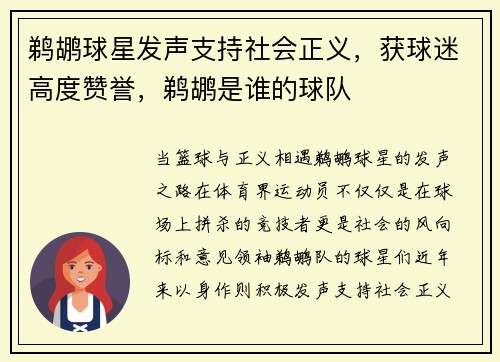 鹈鹕球星发声支持社会正义，获球迷高度赞誉，鹈鹕是谁的球队